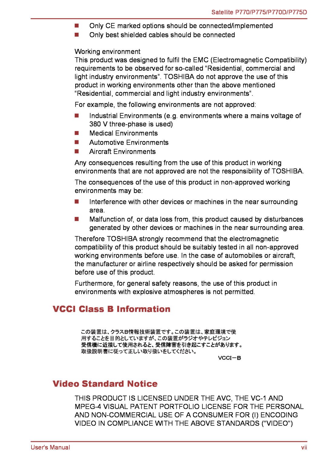 Toshiba P770 user manual VCCI Class B Information, Video Standard Notice 