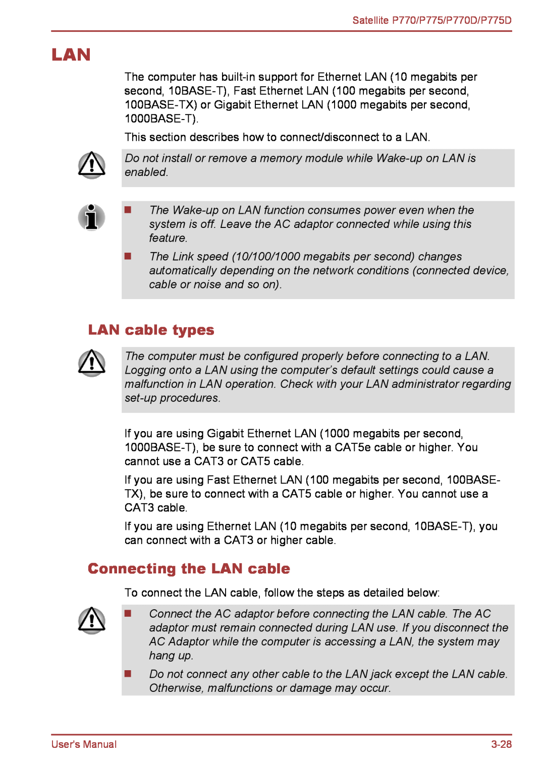 Toshiba P770 user manual LAN cable types, Connecting the LAN cable 