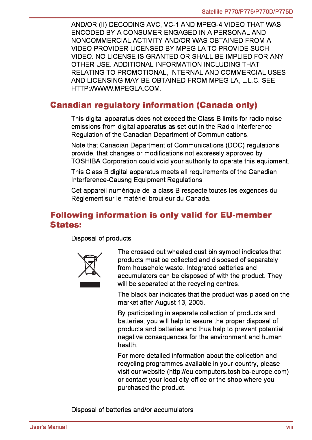 Toshiba P770 Canadian regulatory information Canada only, Following information is only valid for EU-member States 