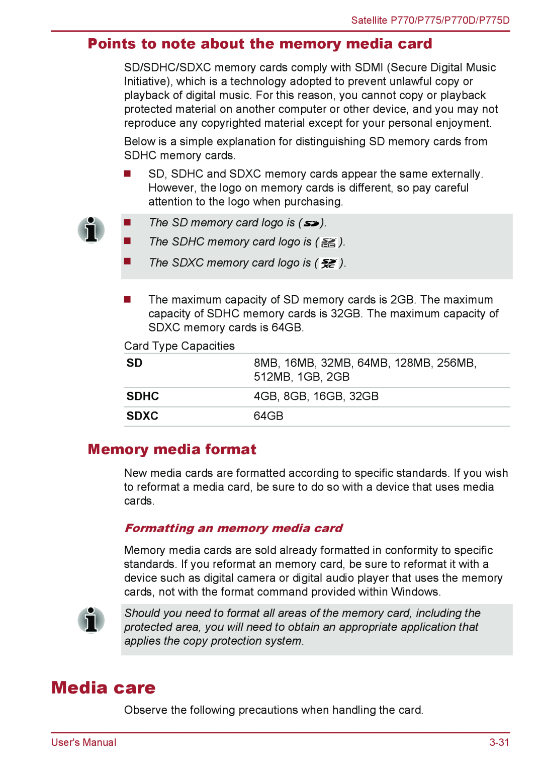 Toshiba P770 user manual Media care, Points to note about the memory media card, Memory media format, Sdhc, Sdxc 