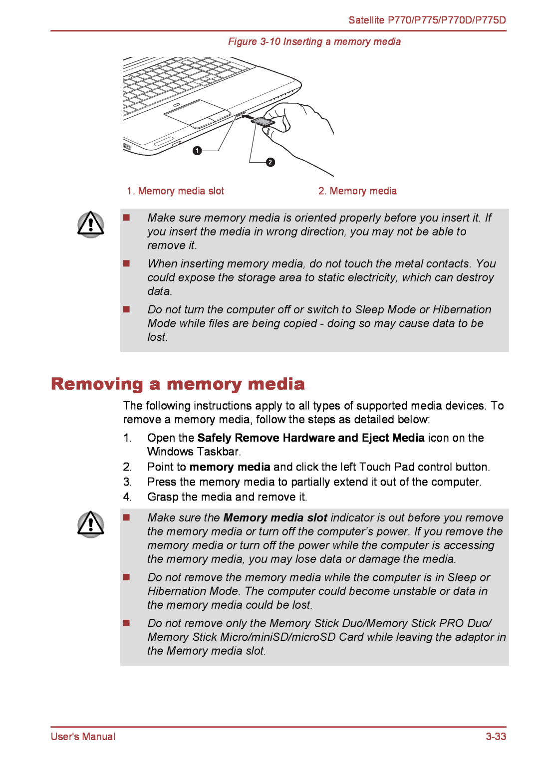 Toshiba P770 user manual Removing a memory media, Point to memory media and click the left Touch Pad control button 