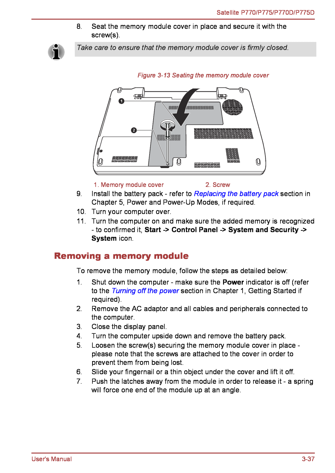 Toshiba P770 user manual Removing a memory module, Take care to ensure that the memory module cover is firmly closed 