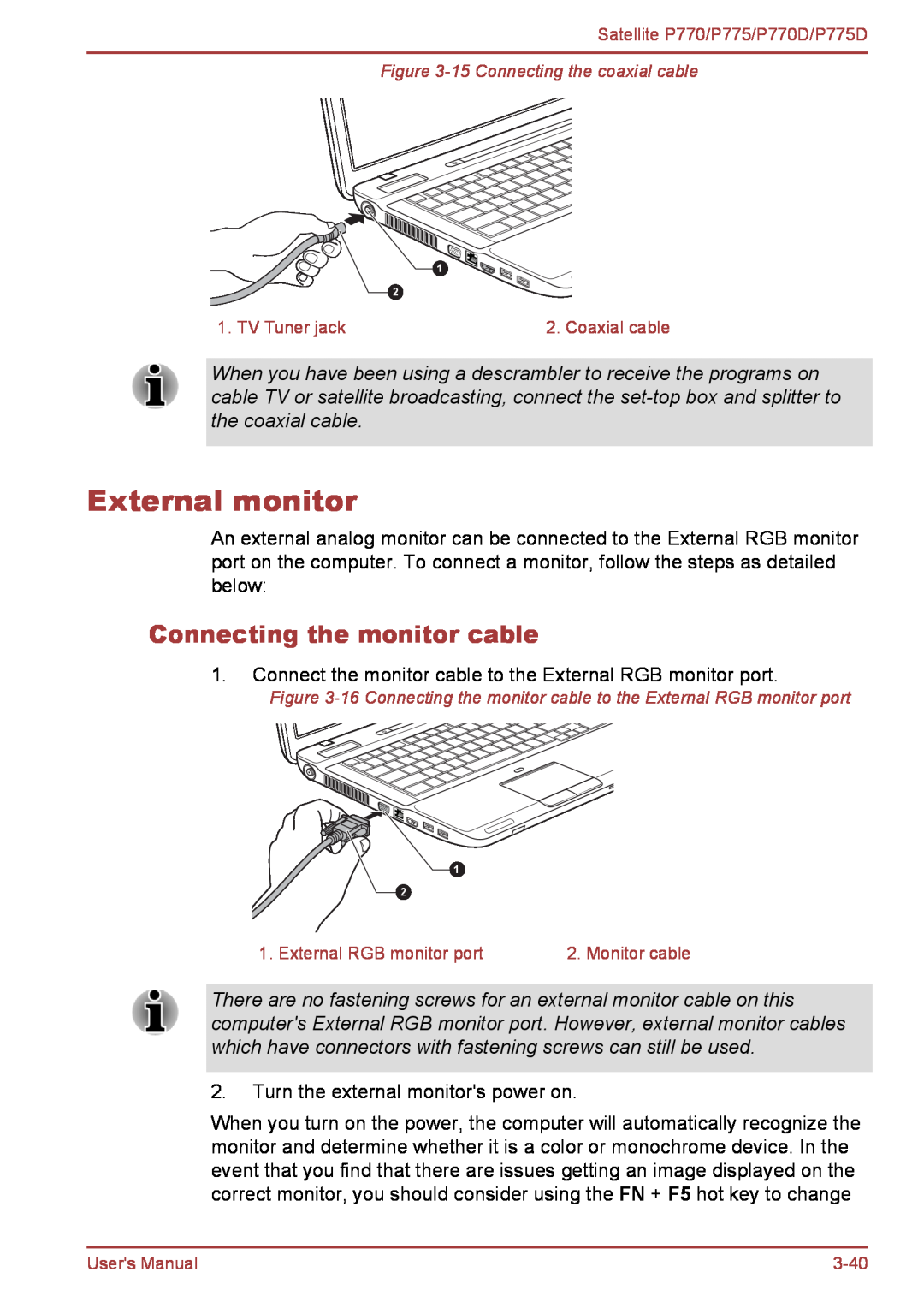 Toshiba P770 user manual External monitor, Connecting the monitor cable 