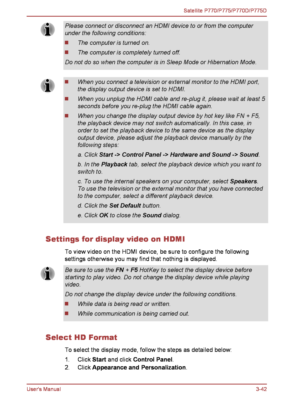 Toshiba P770 user manual Settings for display video on HDMI, Select HD Format, Click Start and click Control Panel 