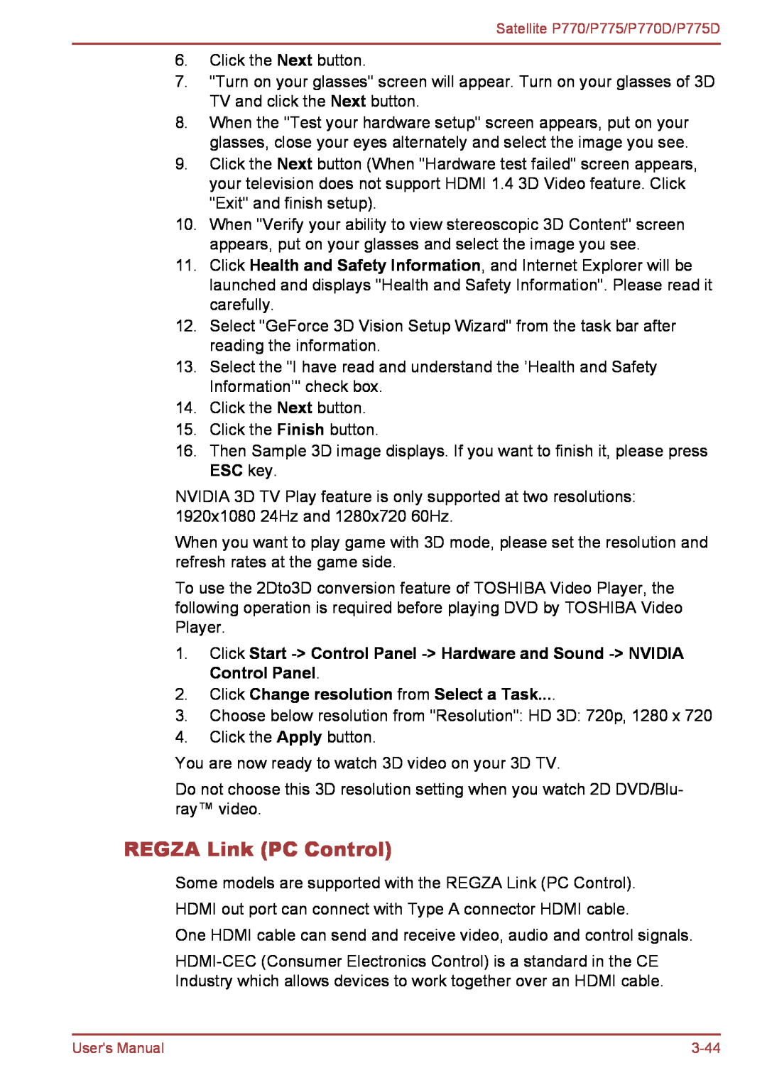 Toshiba P770 user manual REGZA Link PC Control, Click Change resolution from Select a Task 