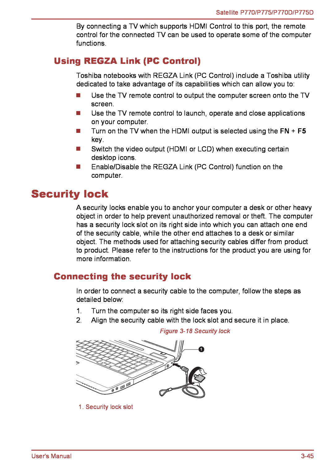 Toshiba P770 user manual Security lock, Using REGZA Link PC Control, Connecting the security lock 