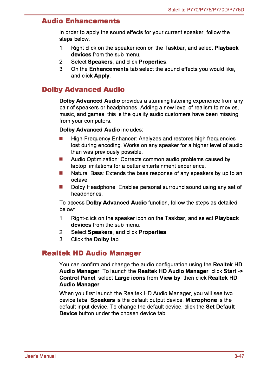 Toshiba P770 user manual Audio Enhancements, Realtek HD Audio Manager, Dolby Advanced Audio includes 