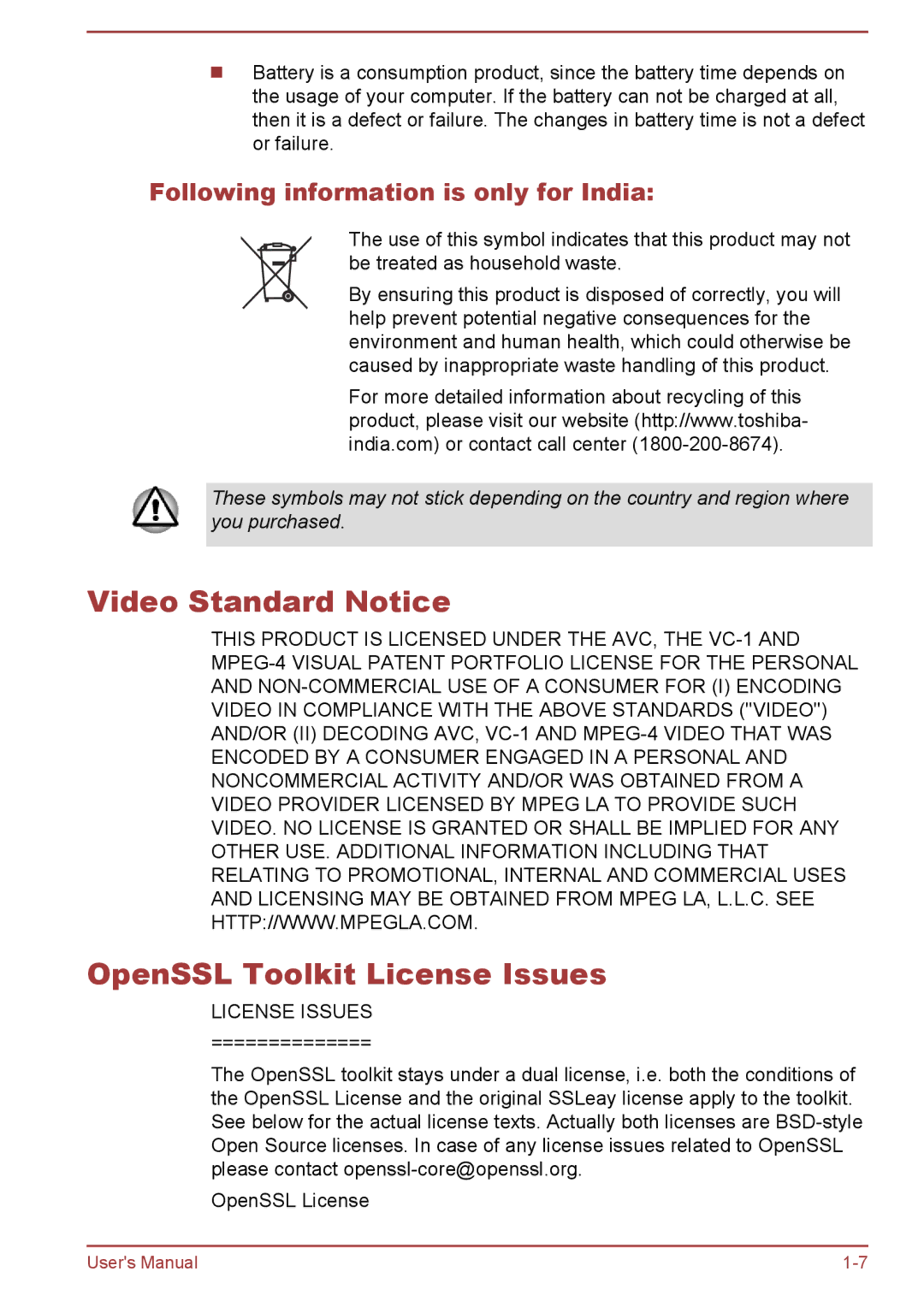 Toshiba P850/P855 user manual Video Standard Notice OpenSSL Toolkit License Issues, Following information is only for India 