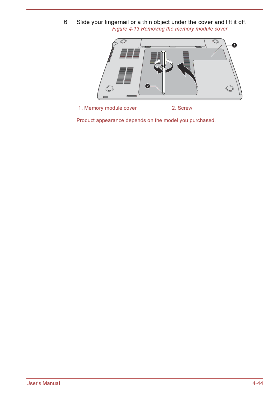 Toshiba P850/P855 user manual Removing the memory module cover 