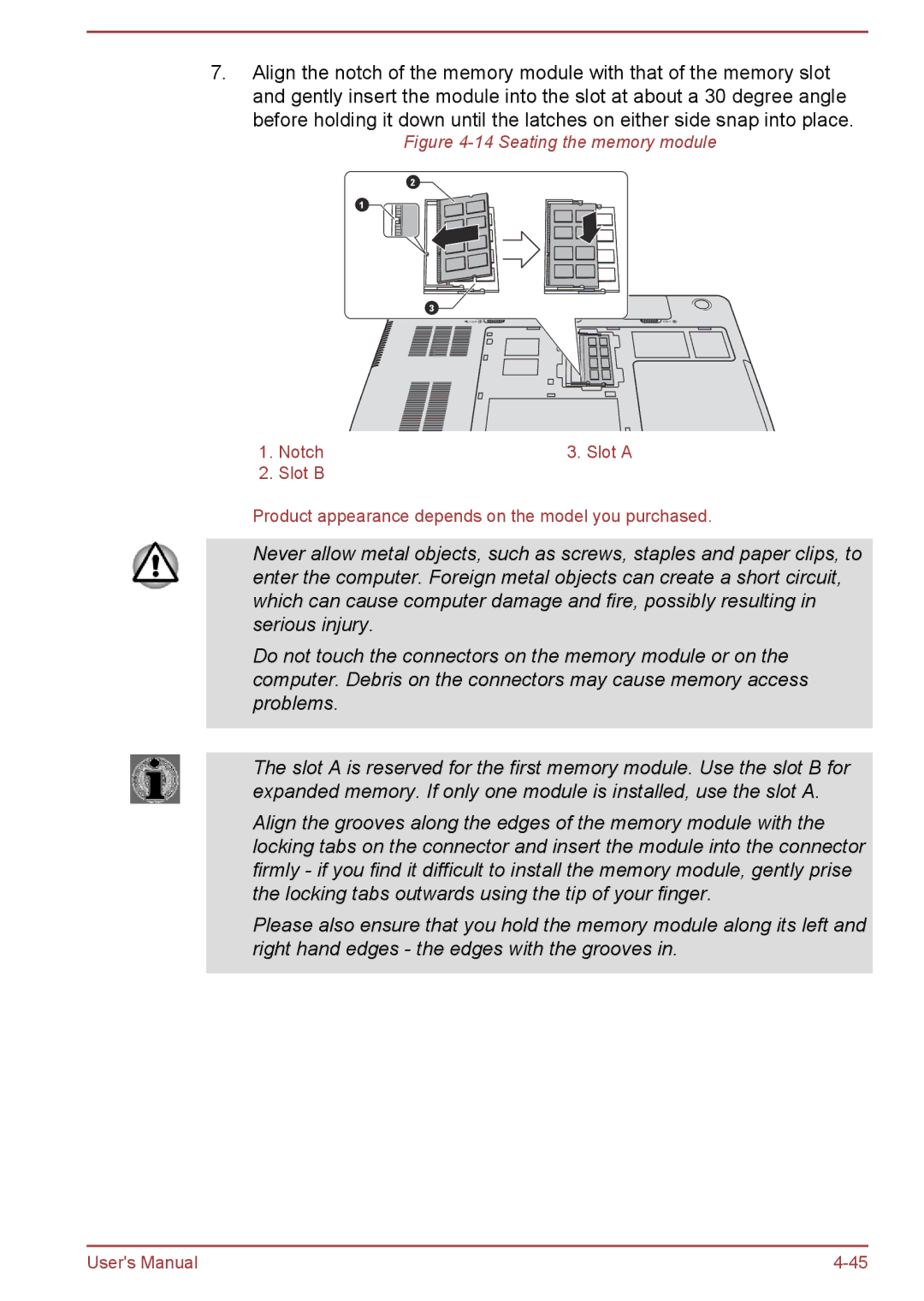 Toshiba P850/P855 user manual Seating the memory module 