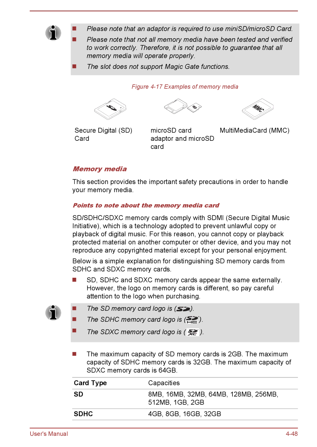 Toshiba P850/P855 user manual Memory media, Card Type 