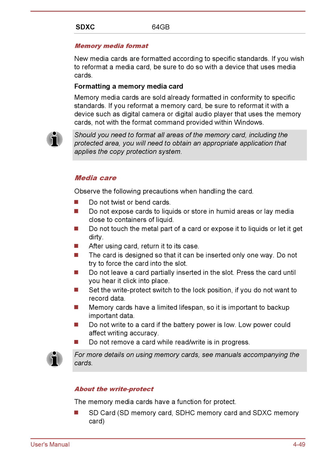 Toshiba P850/P855 user manual Formatting a memory media card, Media care 