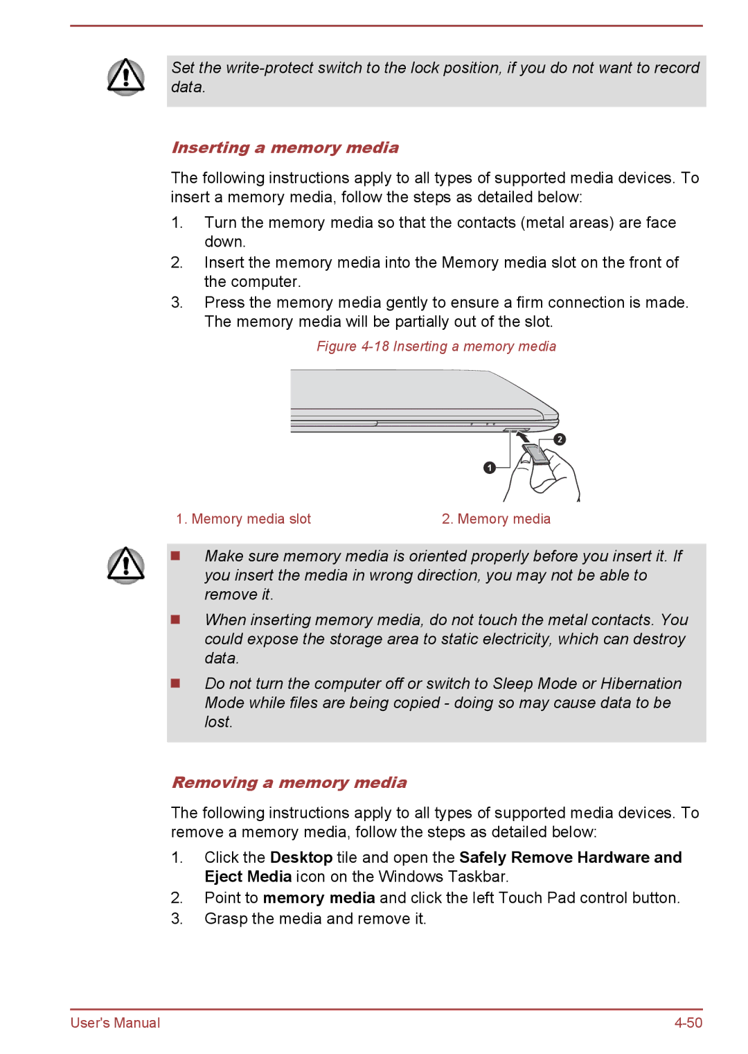 Toshiba P850/P855 user manual Inserting a memory media, Removing a memory media 