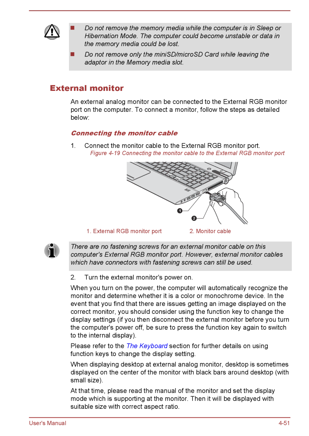 Toshiba P850/P855 user manual External monitor, Connecting the monitor cable 