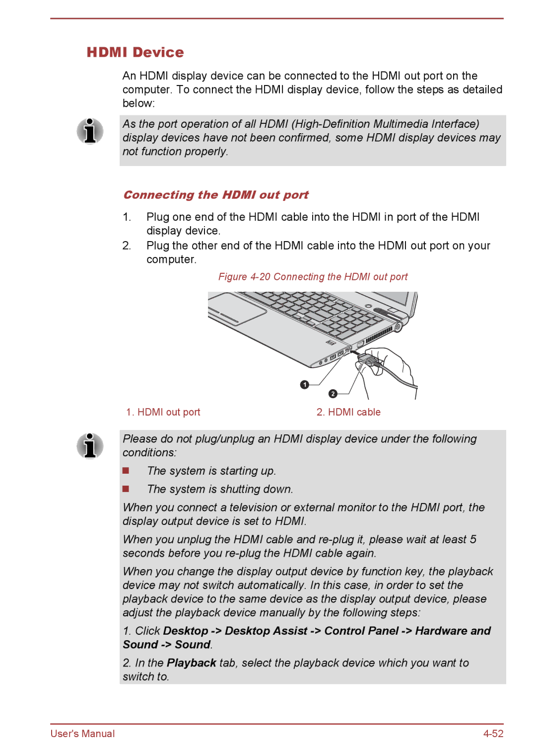 Toshiba P850/P855 user manual Hdmi Device, Connecting the Hdmi out port 