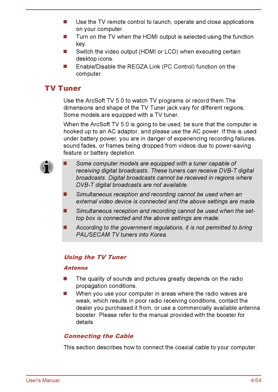 Toshiba P850/P855 user manual Using the TV Tuner, Connecting the Cable 