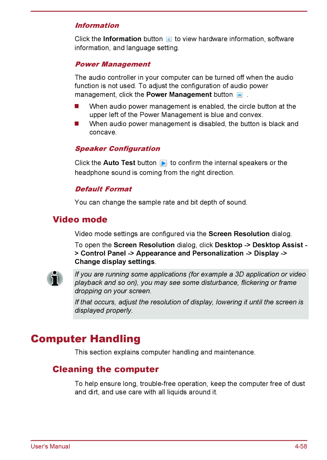 Toshiba P850/P855 user manual Computer Handling, Video mode, Cleaning the computer 