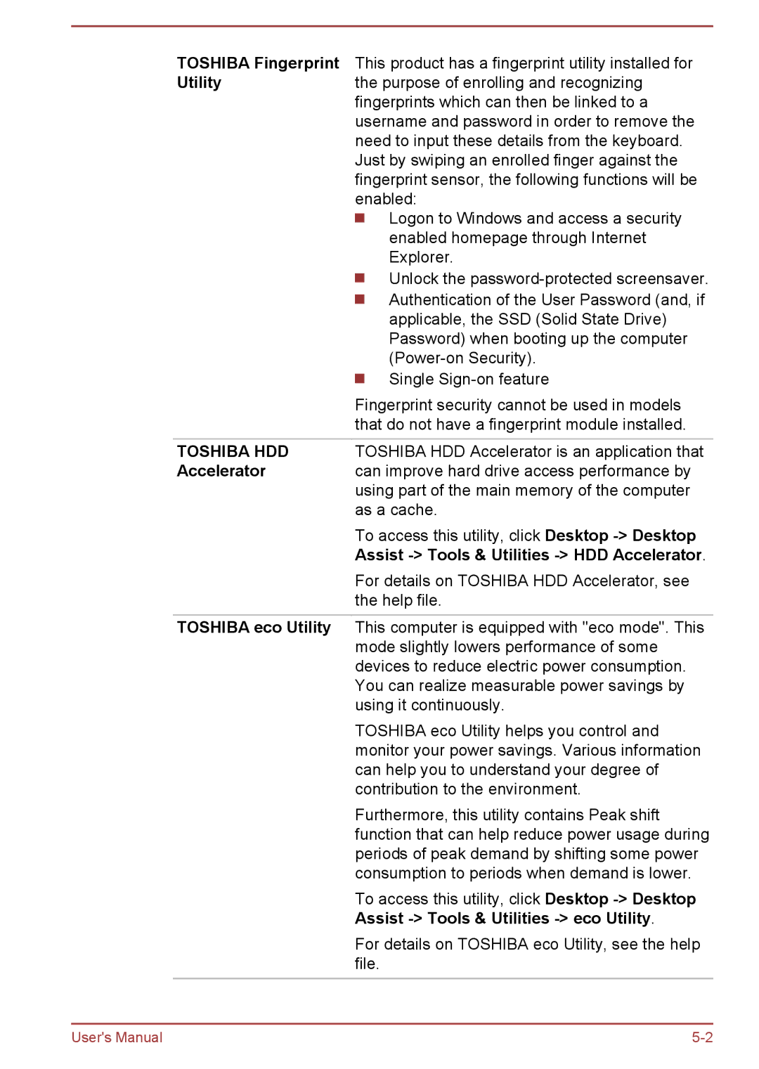 Toshiba P850/P855 user manual Toshiba Fingerprint, Assist Tools & Utilities HDD Accelerator, Toshiba eco Utility 