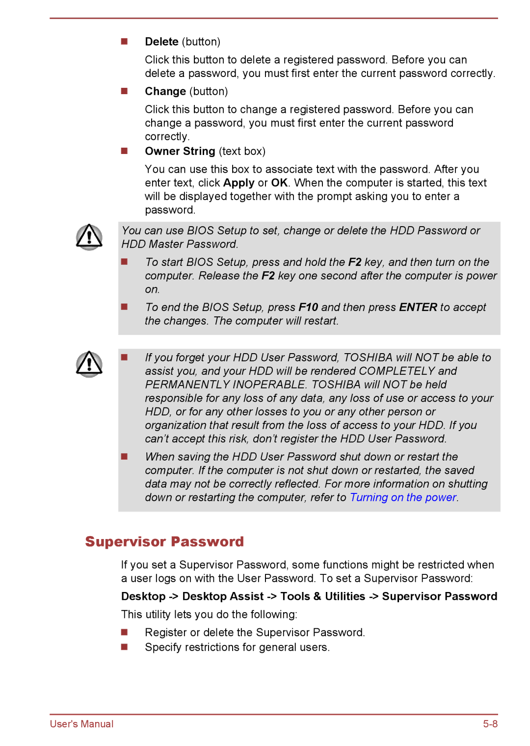 Toshiba P850/P855 user manual Supervisor Password, Owner String text box 