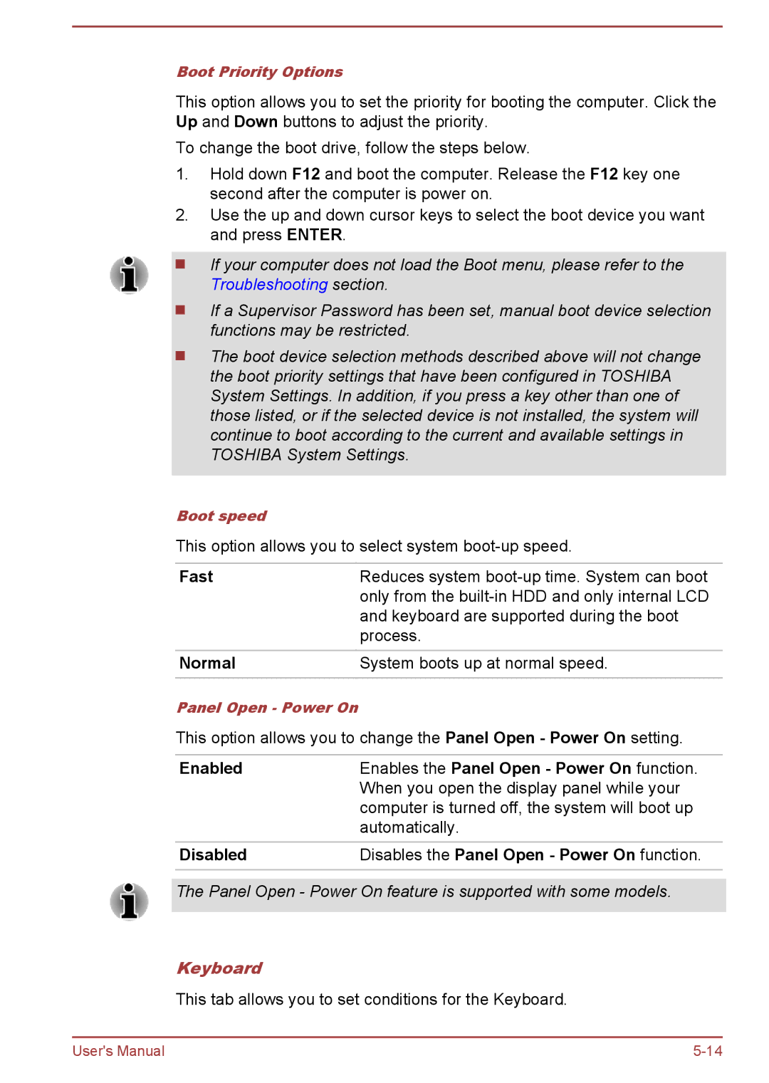 Toshiba P850/P855 user manual Fast, Normal, Enabled Enables the Panel Open Power On function, Keyboard 