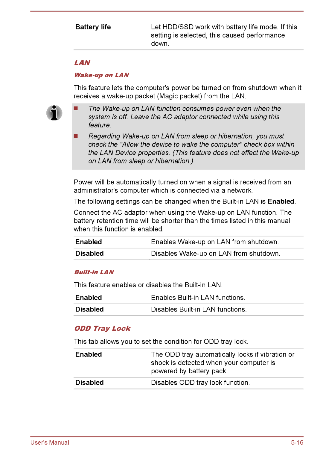 Toshiba P850/P855 user manual Battery life, ODD Tray Lock 