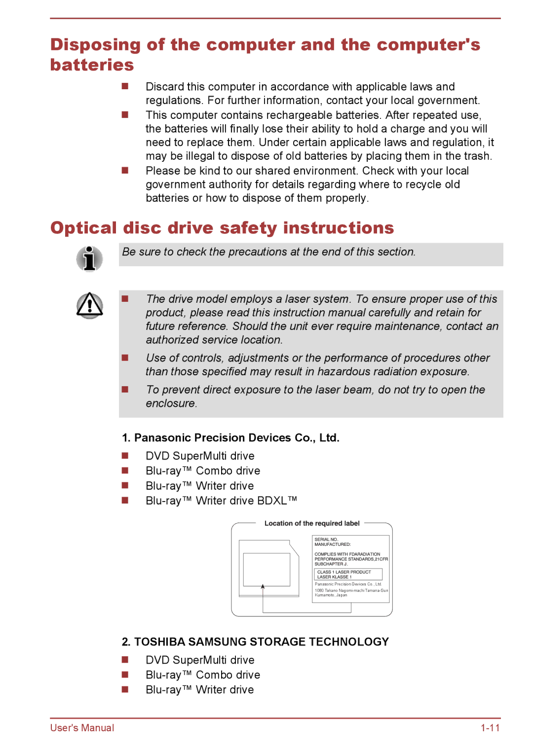 Toshiba P850/P855 user manual Disposing of the computer and the computers batteries, Optical disc drive safety instructions 