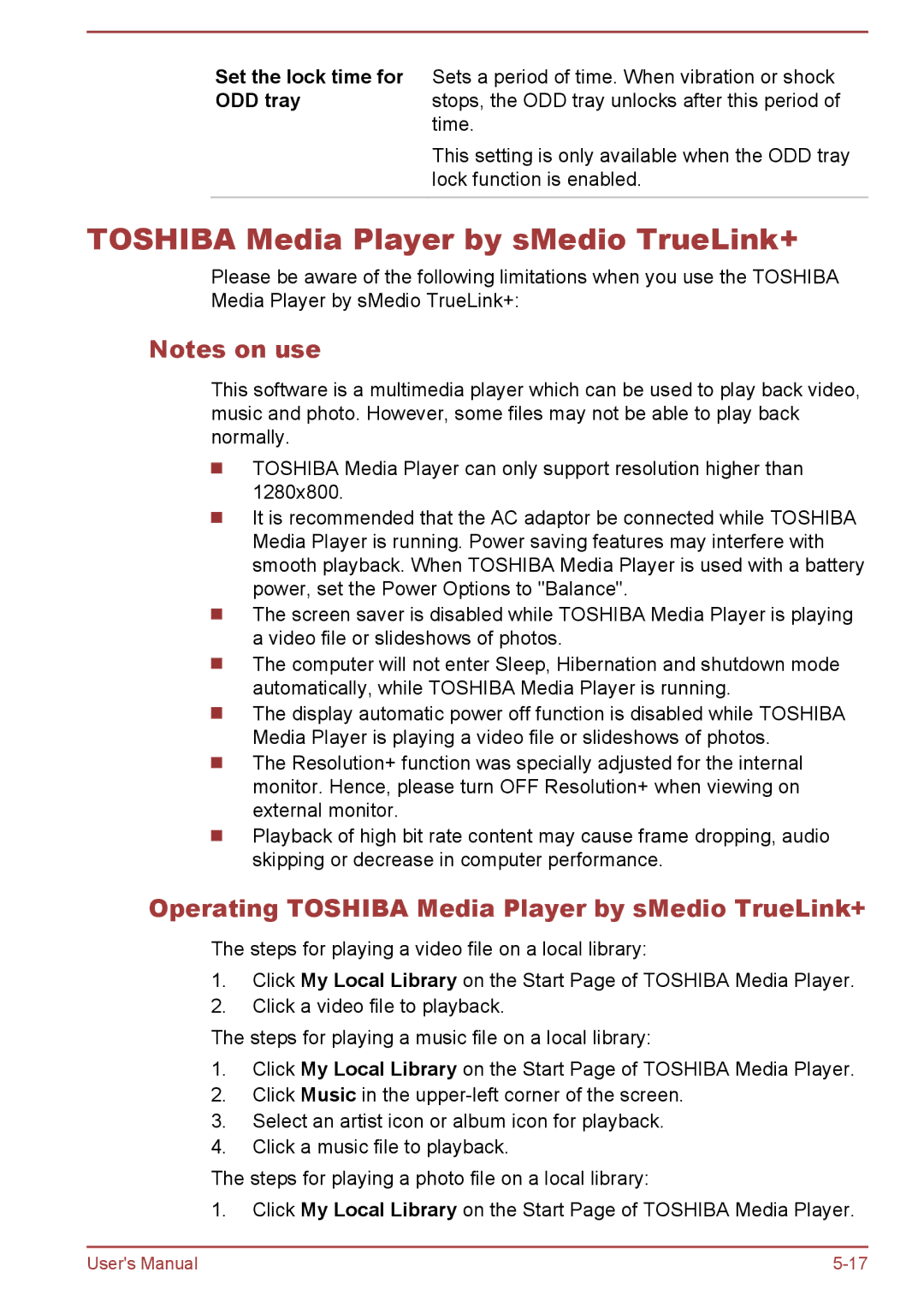 Toshiba P850/P855 user manual Operating Toshiba Media Player by sMedio TrueLink+, Set the lock time for ODD tray 