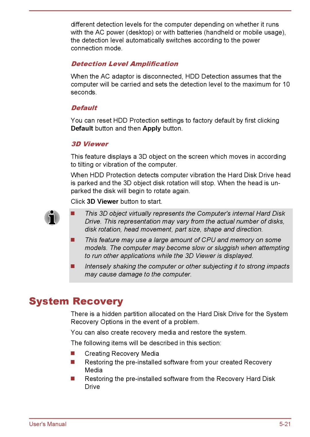 Toshiba P850/P855 user manual System Recovery, Detection Level Amplification, Default, 3D Viewer 