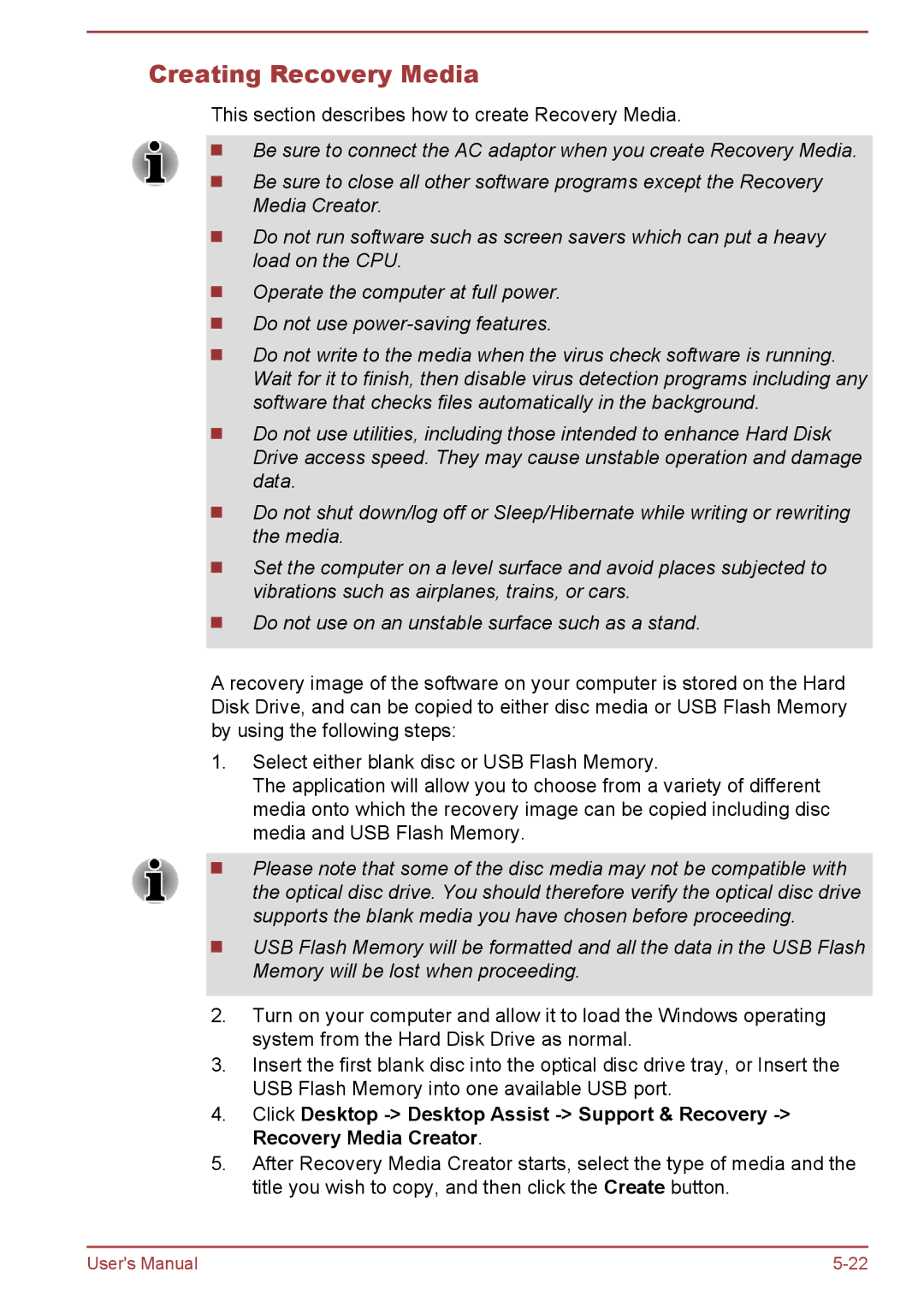 Toshiba P850/P855 user manual Creating Recovery Media 