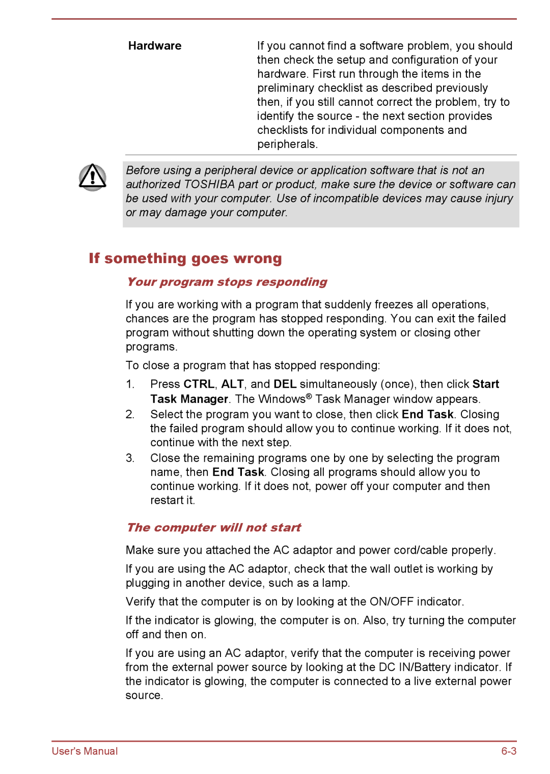 Toshiba P850/P855 user manual If something goes wrong, Hardware, Your program stops responding, Computer will not start 