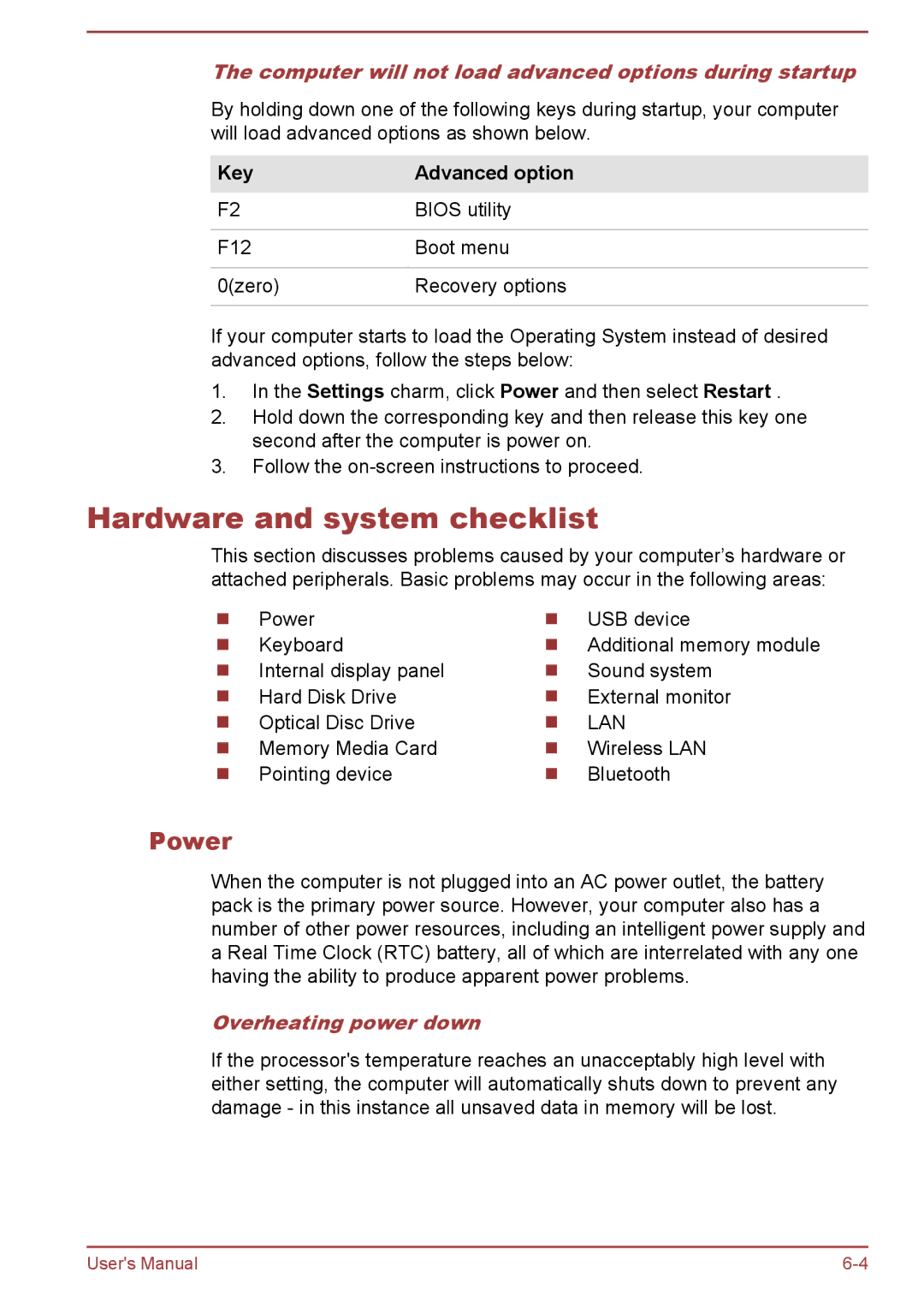 Toshiba P850/P855 user manual Hardware and system checklist, Power, Computer will not load advanced options during startup 