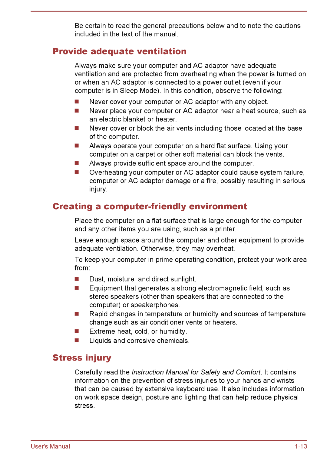 Toshiba P850/P855 user manual Provide adequate ventilation, Creating a computer-friendly environment, Stress injury 