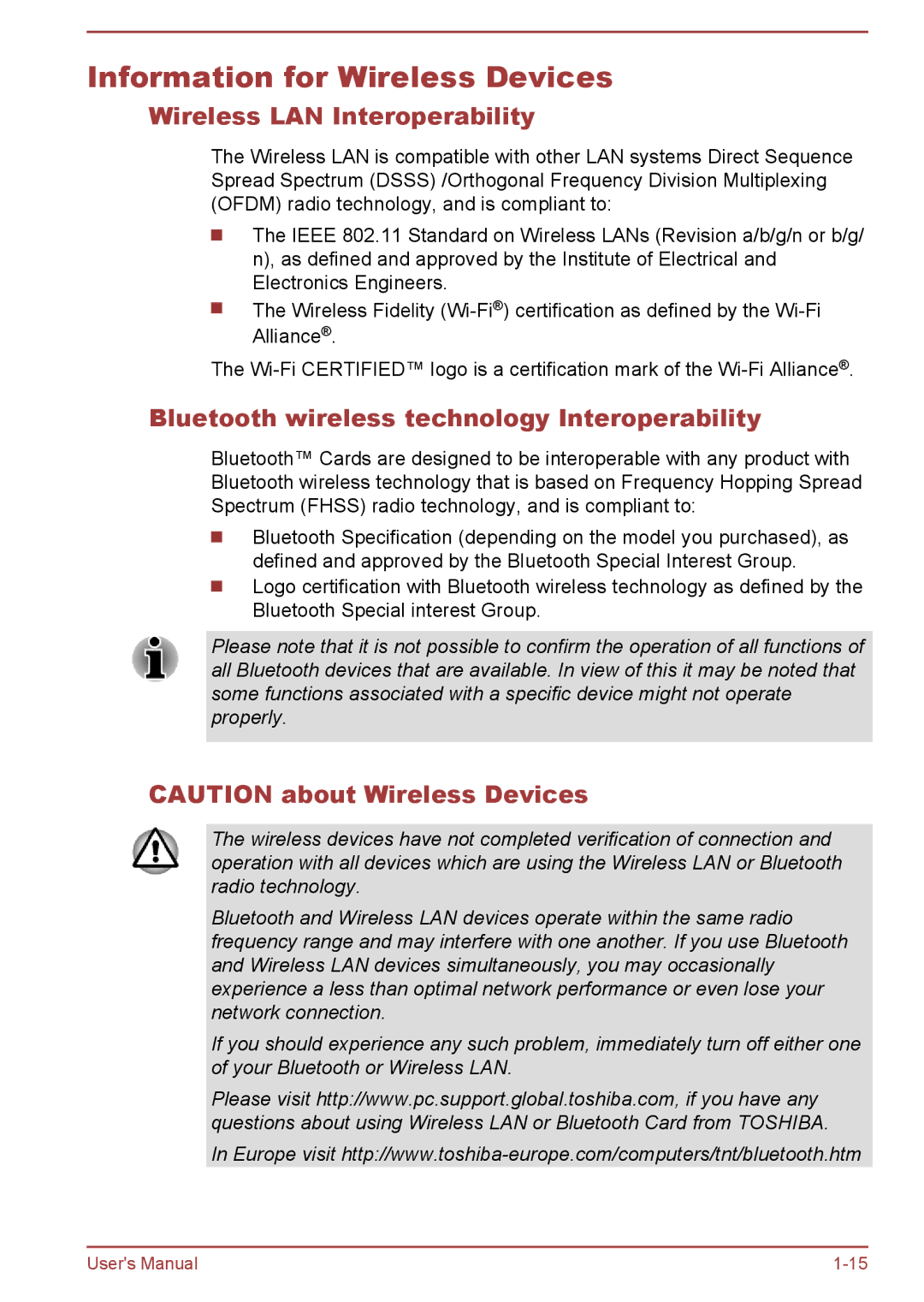 Toshiba P850/P855 user manual Information for Wireless Devices, Wireless LAN Interoperability 