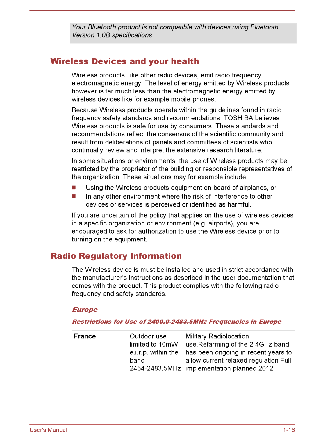 Toshiba P850/P855 user manual Wireless Devices and your health, Radio Regulatory Information, Europe, France 