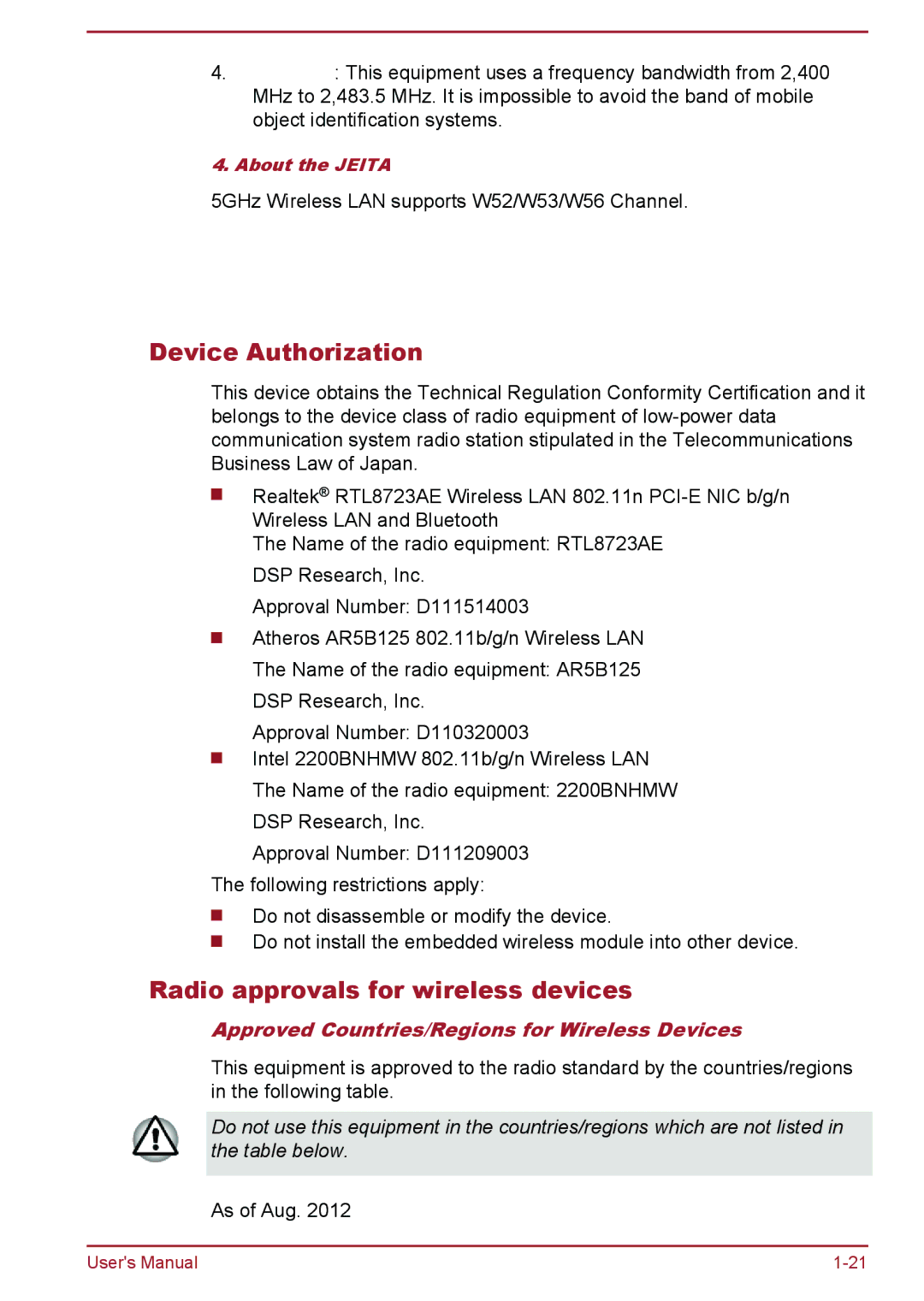 Toshiba P850/P855 user manual Device Authorization, Radio approvals for wireless devices 