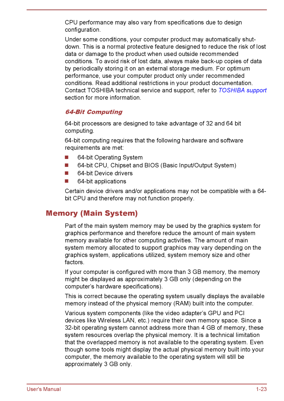 Toshiba P850/P855 user manual Memory Main System, Bit Computing 