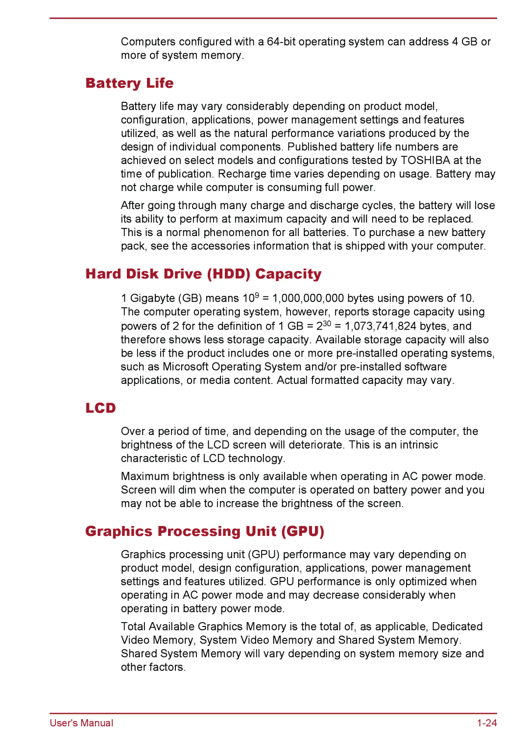 Toshiba P850/P855 user manual Battery Life, Hard Disk Drive HDD Capacity, Graphics Processing Unit GPU 