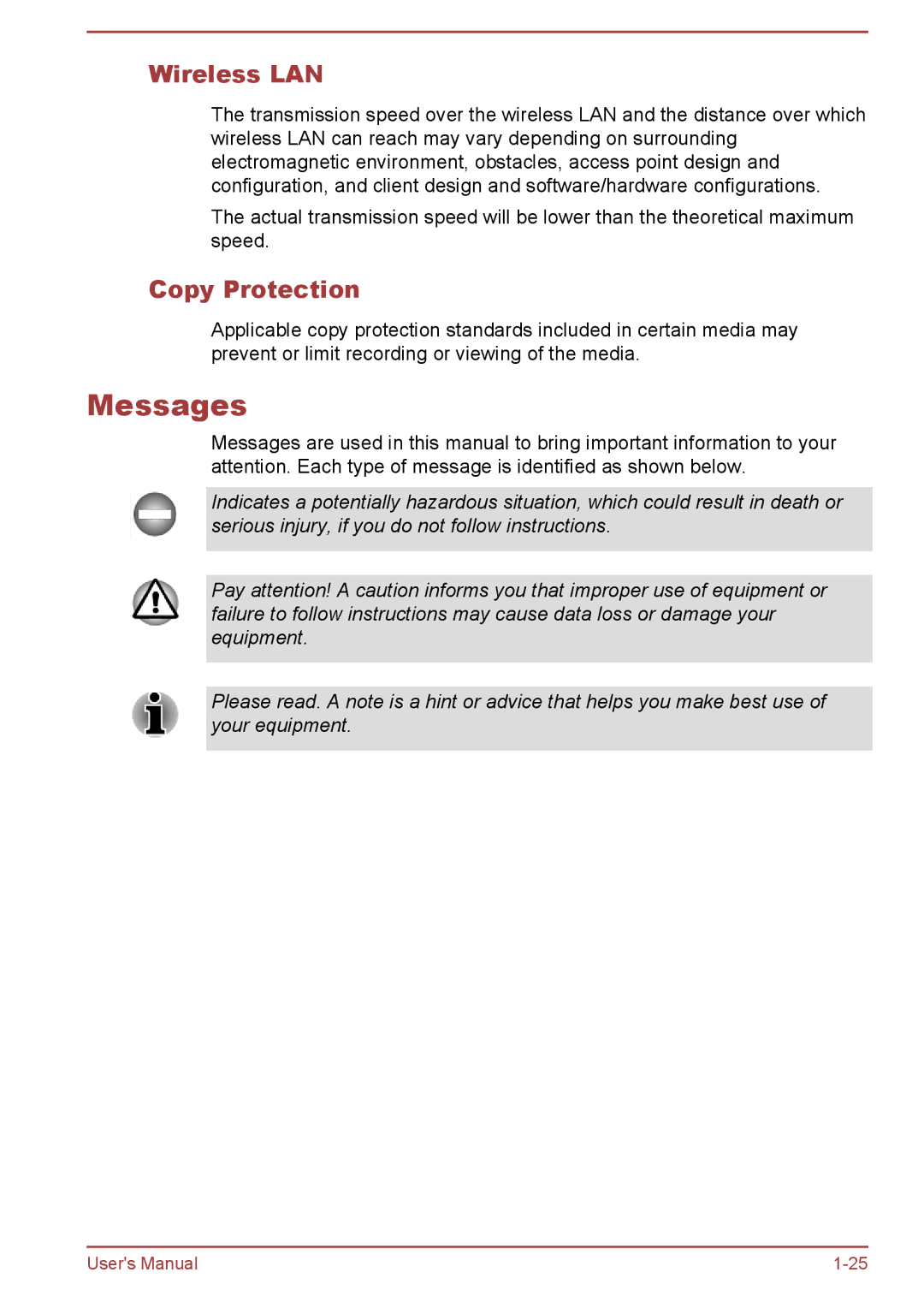 Toshiba P850/P855 user manual Messages, Wireless LAN, Copy Protection 