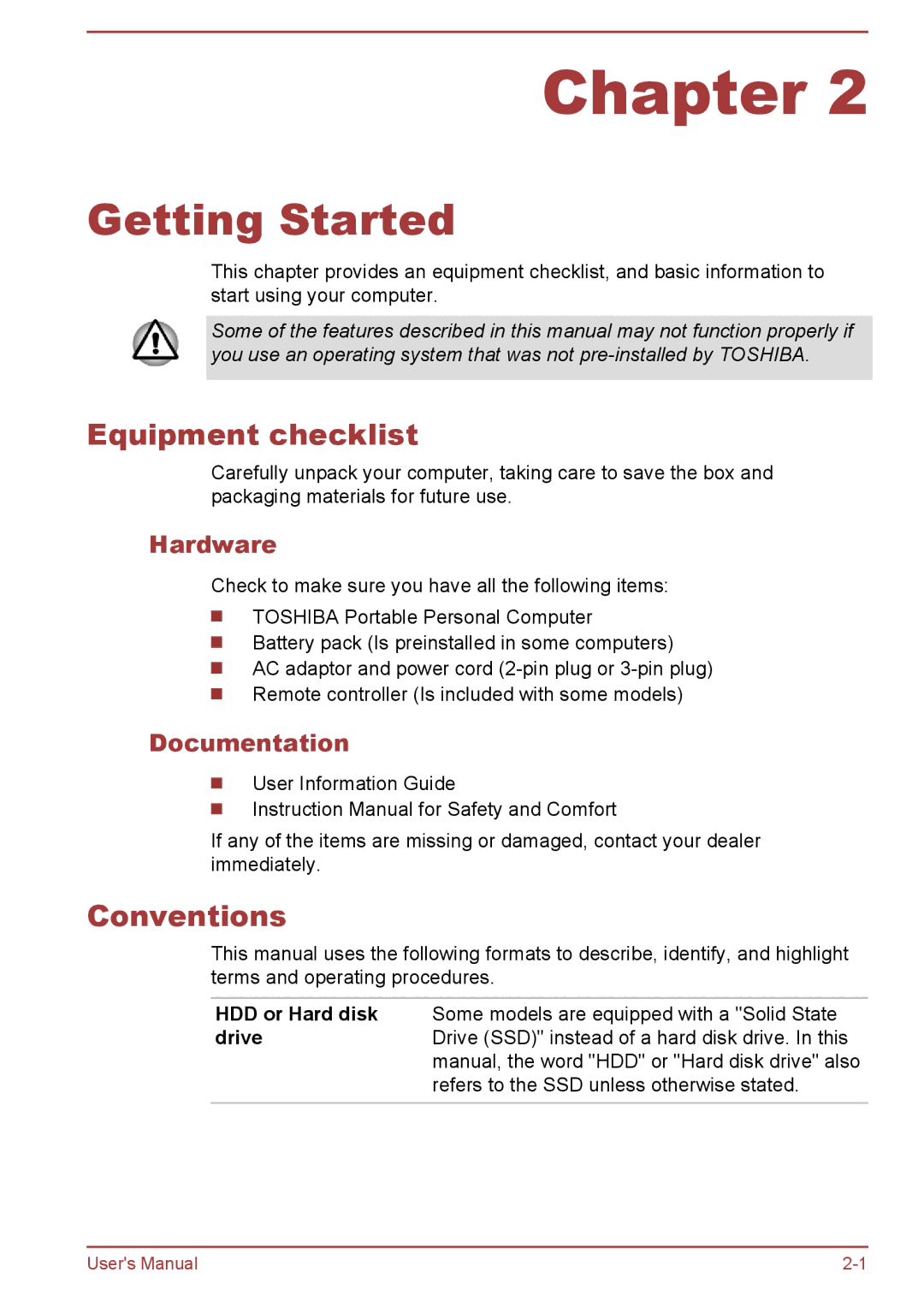 Toshiba P850/P855 user manual Equipment checklist, Conventions, Hardware, Documentation 