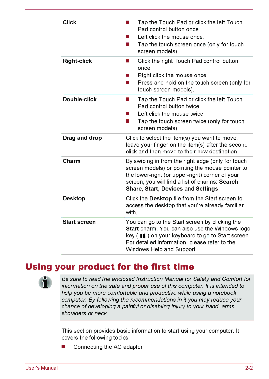 Toshiba P850/P855 user manual Using your product for the first time 