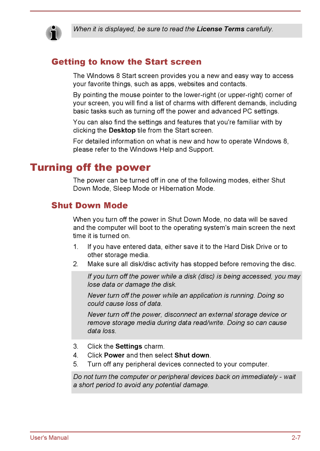 Toshiba P850/P855 user manual Turning off the power, Getting to know the Start screen, Shut Down Mode 