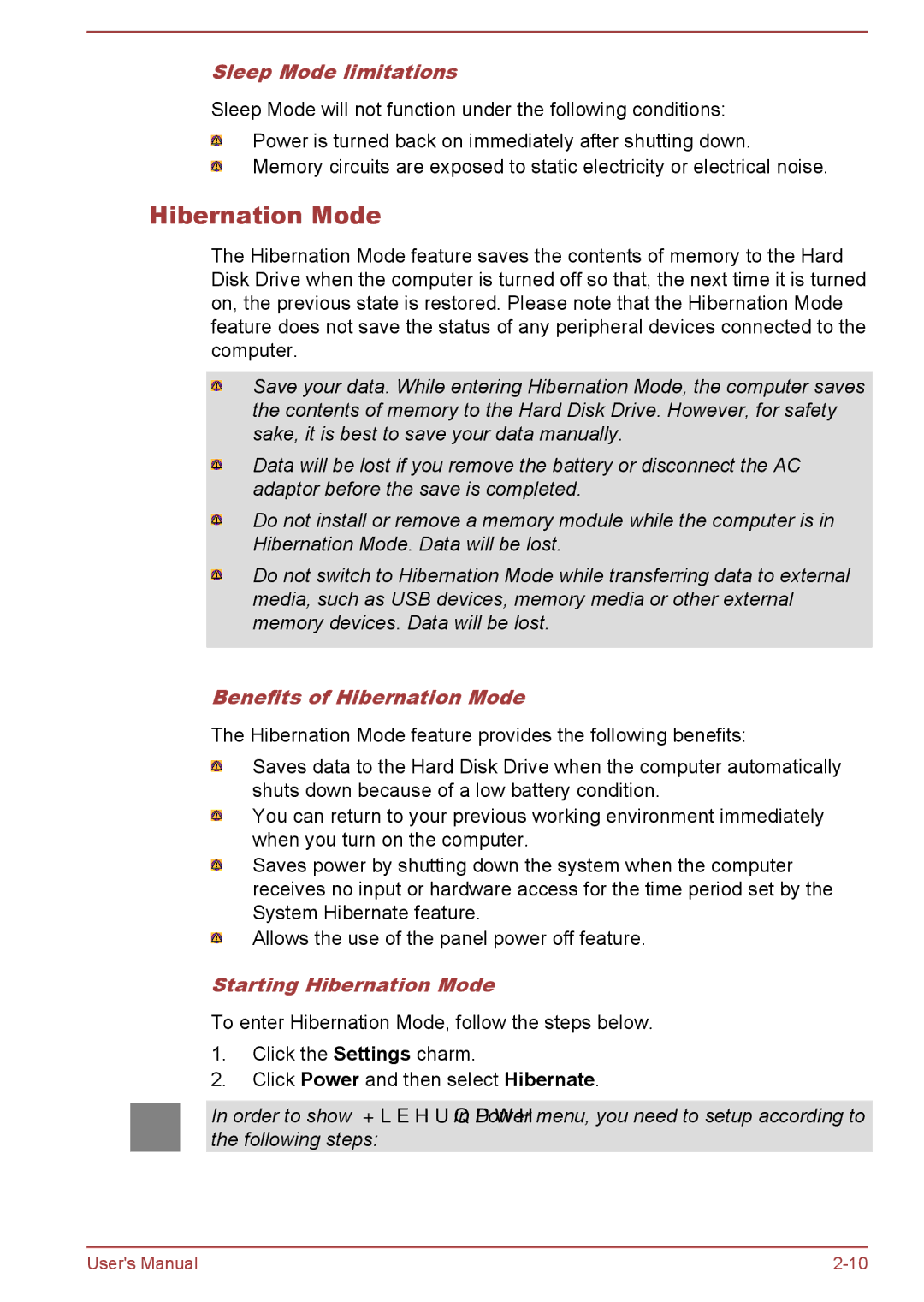 Toshiba P850/P855 user manual Sleep Mode limitations, Benefits of Hibernation Mode, Starting Hibernation Mode 