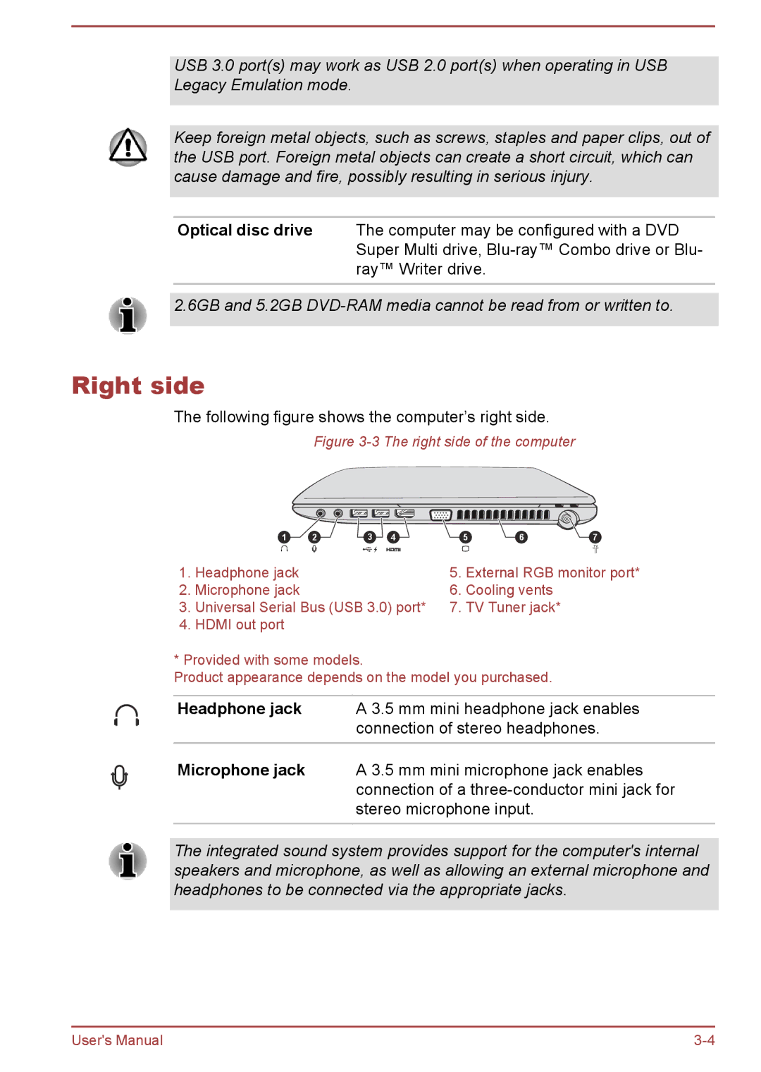 Toshiba P850/P855 user manual Right side, Following figure shows the computer’s right side 