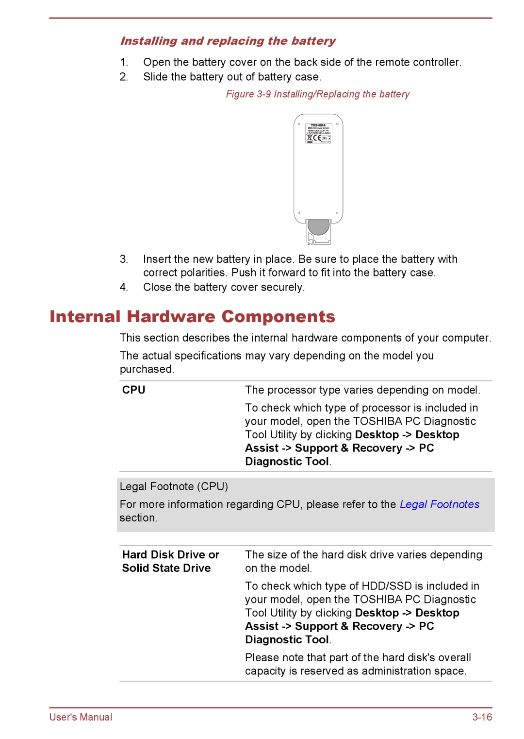 Toshiba P850/P855 user manual Internal Hardware Components, Installing and replacing the battery 