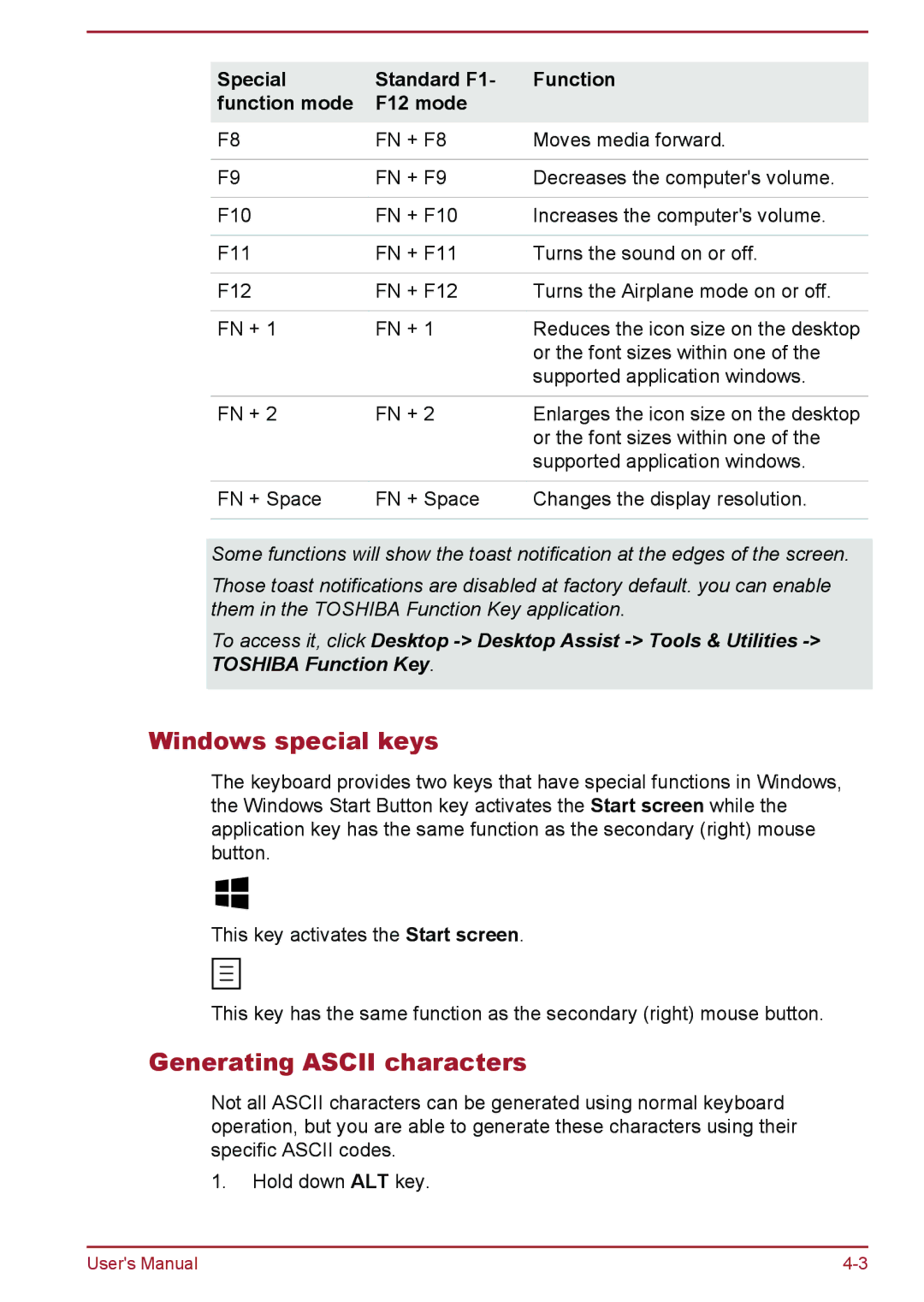 Toshiba P850/P855 user manual Windows special keys, Generating Ascii characters 