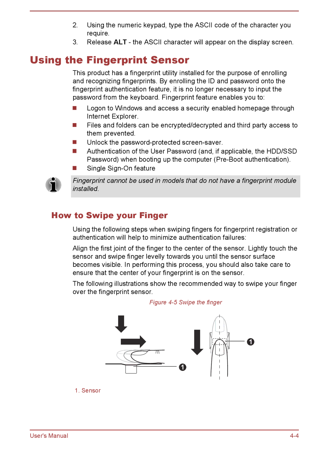 Toshiba P850/P855 user manual Using the Fingerprint Sensor, How to Swipe your Finger 