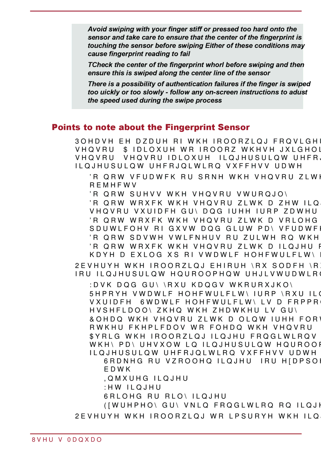 Toshiba P850/P855 user manual Points to note about the Fingerprint Sensor 