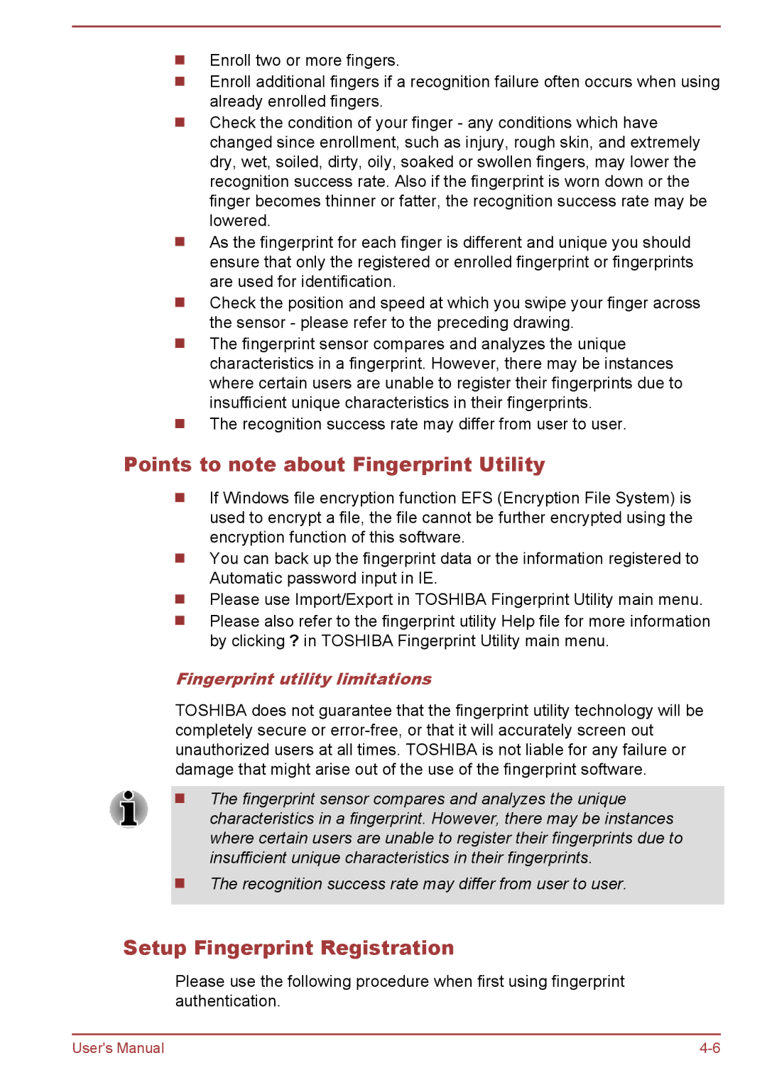 Toshiba P850/P855 user manual Points to note about Fingerprint Utility, Setup Fingerprint Registration 