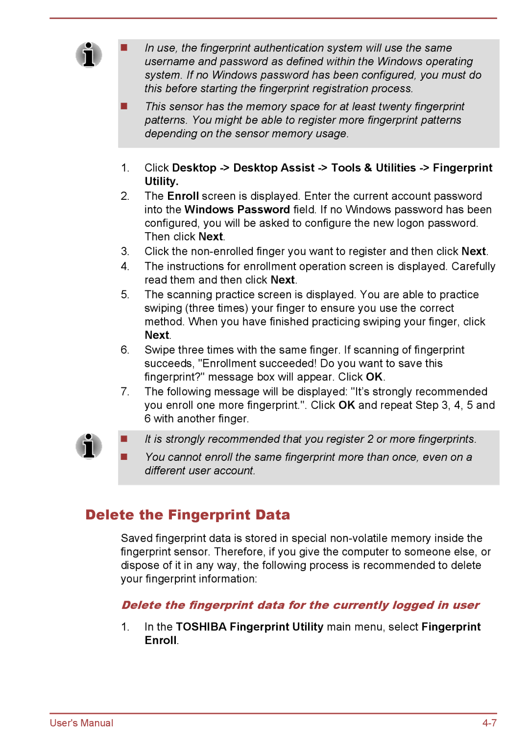 Toshiba P850/P855 user manual Delete the Fingerprint Data, Delete the fingerprint data for the currently logged in user 