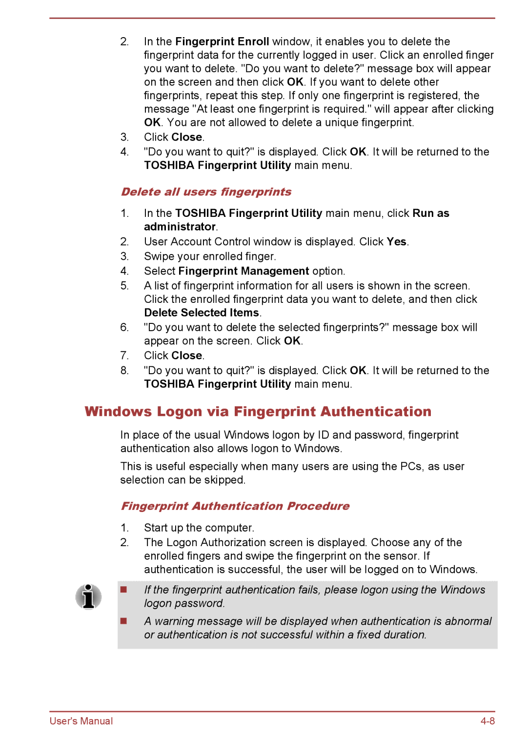 Toshiba P850/P855 user manual Windows Logon via Fingerprint Authentication, Delete all users fingerprints 